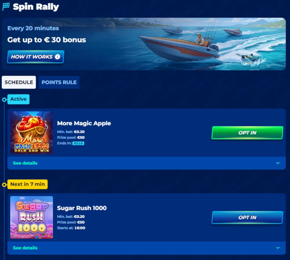 Tabla de clasificación de BassBet Spin Rally y estadísticas recientes de grandes ganancias.